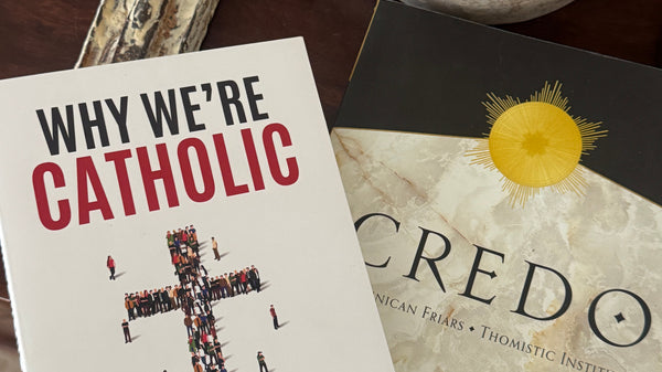 White hardcover Why We’re Catholic book by Trent Horn with cross silhouettes