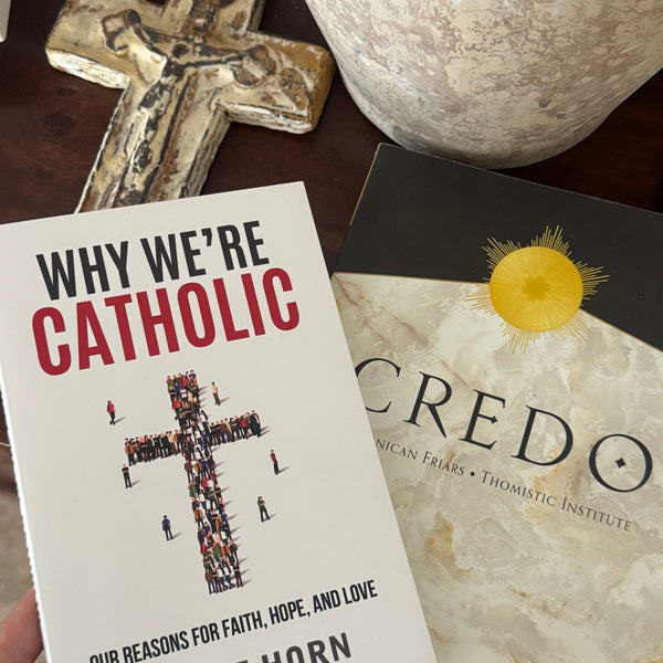 White hardcover Why We’re Catholic book by Trent Horn with cross silhouettes