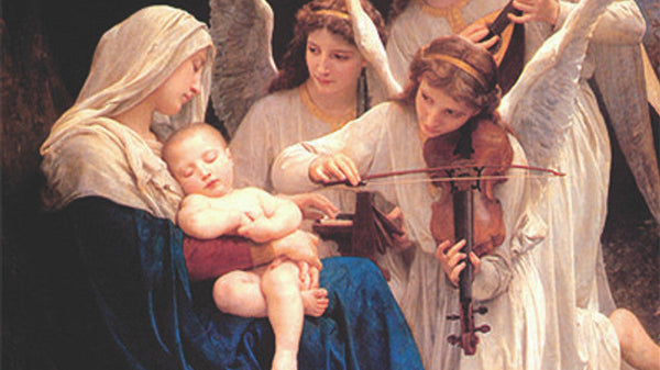 Virgin Mary cradling sleeping Christ child with angels in 12 Days of Christmas painting