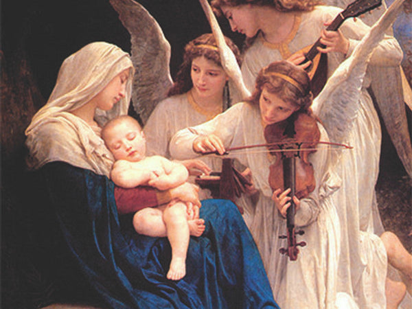 Virgin Mary cradling sleeping Christ child with angels in 12 Days of Christmas painting