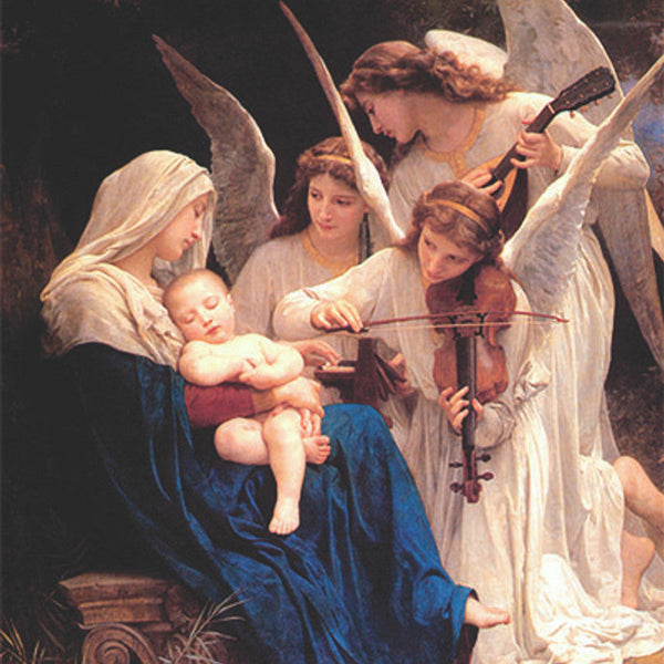 Virgin Mary cradling sleeping Christ child with angels in 12 Days of Christmas painting