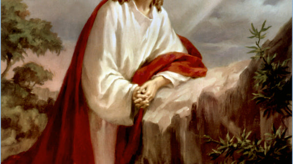 Jesus Christ with halo in white robe and red cloak, from Rosary mysteries