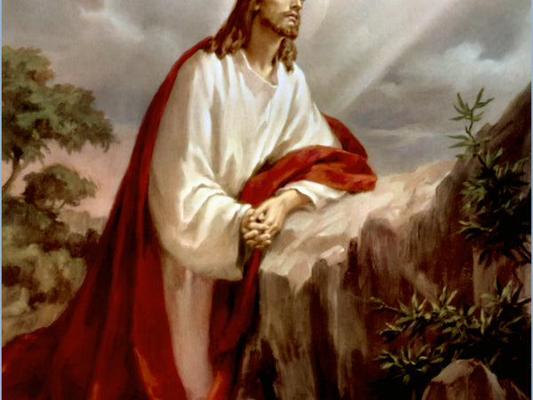 Jesus Christ with halo in white robe and red cloak, from Rosary mysteries