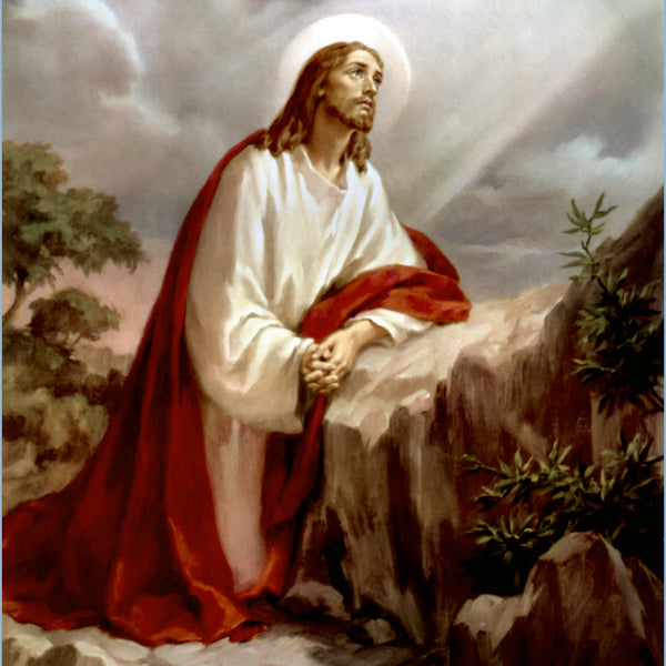 Jesus Christ with halo in white robe and red cloak, from Rosary mysteries