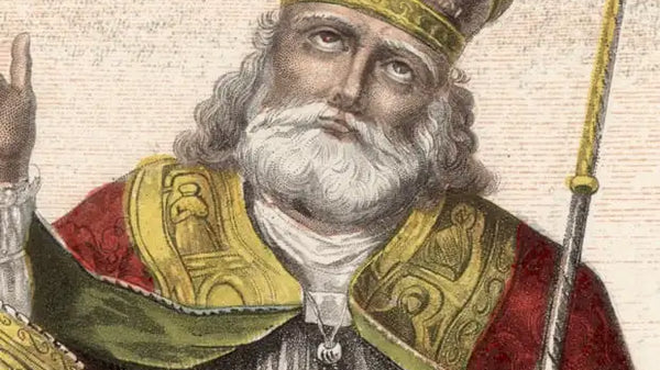 St. Nicholas in ornate golden mitre and red vestments holding staff