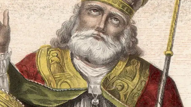 St. Nicholas in ornate golden mitre and red vestments holding staff