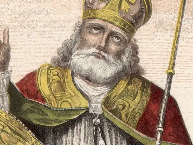 St. Nicholas in ornate golden mitre and red vestments holding staff