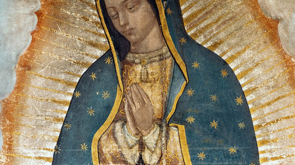 Our Lady of Guadalupe in traditional painting with blue starry mantle