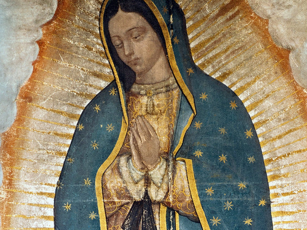 Our Lady of Guadalupe in traditional painting with blue starry mantle