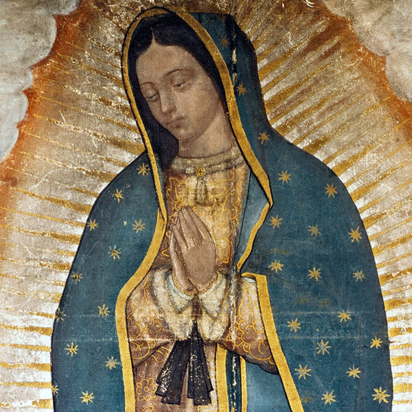 Our Lady of Guadalupe in traditional painting with blue starry mantle