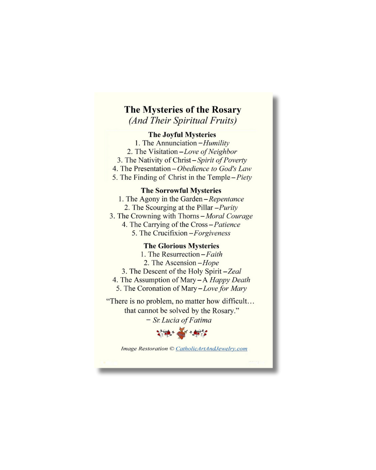 15 Mysteries of the Rosary Holy Card