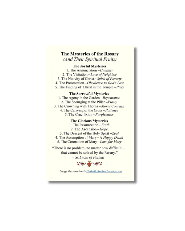 15 mysteries of the rosary holy card with cream design and emblem