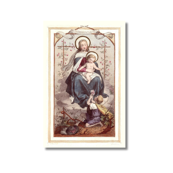 Vintage Virgin Mary with Baby Jesus holy card, child offering flowers