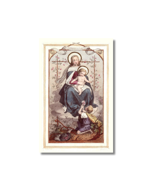 Vintage Virgin Mary with Baby Jesus holy card, child offering flowers