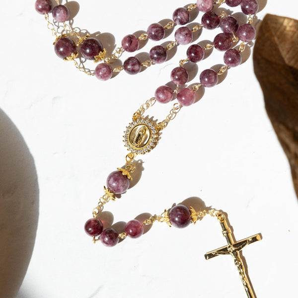 Advent Plum Rosary with gold-toned chain, purple gemstone beads, crucifix