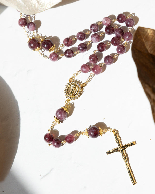 Advent Plum Rosary with gold-toned chain, purple gemstone beads, crucifix