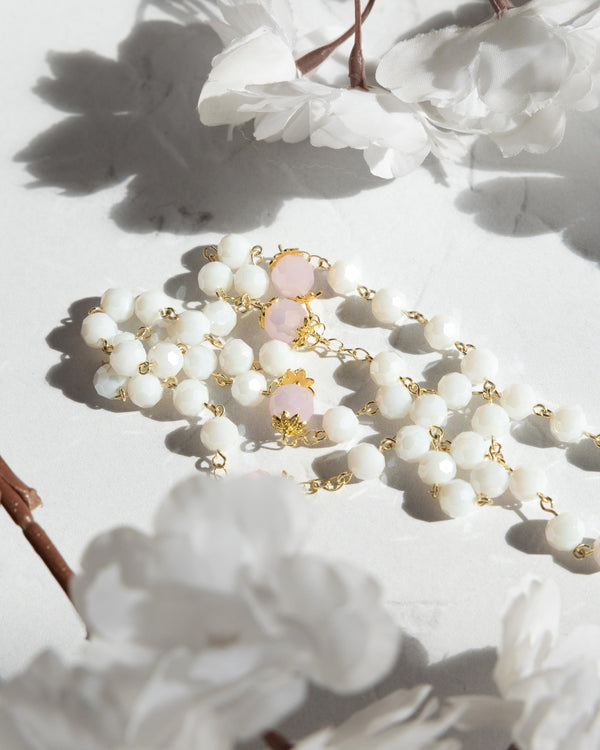 Blush of Heaven Rosary: pearl and pink rose quartz necklace with gold accents