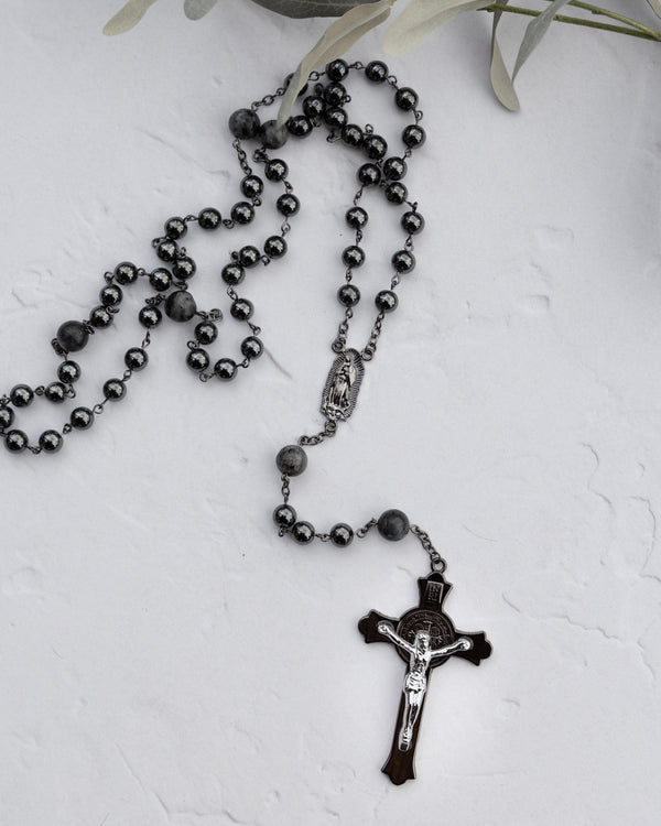 Black beaded Armor of God gunmetal rosary with silver crucifix