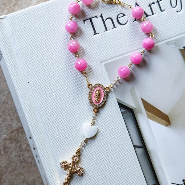 Pink Car Decade Rosary with pink beads, gold links, medallion, heart charm, cross