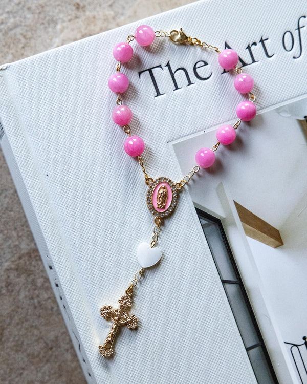 Pink Car Decade Rosary with pink beads, gold links, medallion, heart charm, cross