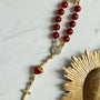 Red agate bead Sacred Heart steering wheel rosary with gold accents