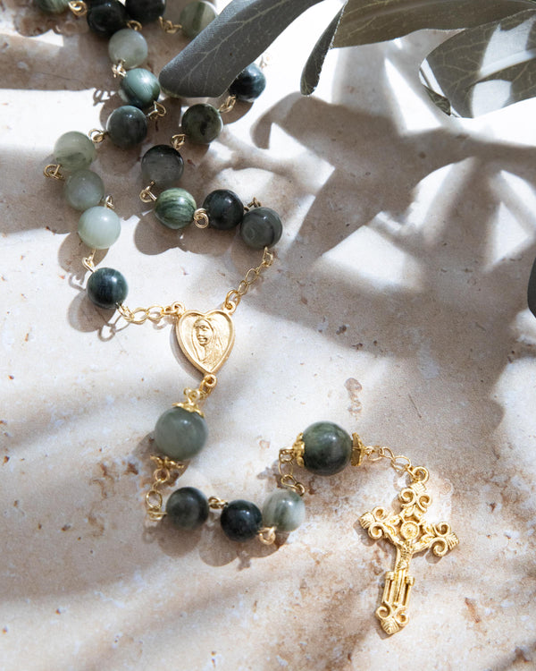 Olive Grove Rosary with gold rosary, jade beads, heart medallion, ornate cross