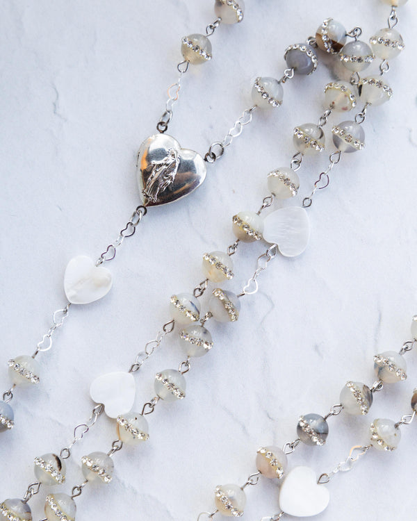 Silver heart pendant with engraved religious figure on beaded chain for Perfectly Imperfect Rosary