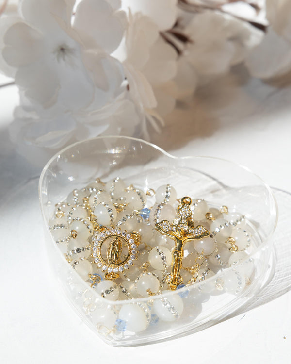 Something Blue Wedding Rosary with white beads, gold crucifix, and crystals