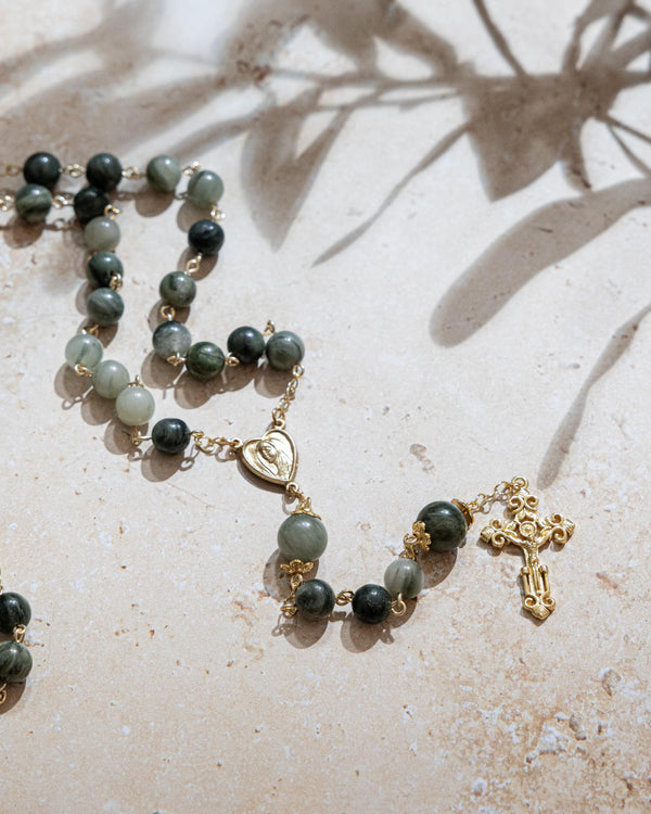 Olive Grove Rosary: gold-toned beads in dark green and light jade with heart medallion and crucifix