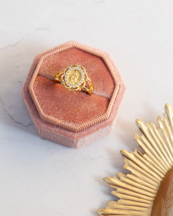 Marian Halo Ring: gold floral design with clear stones and engraved religious center
