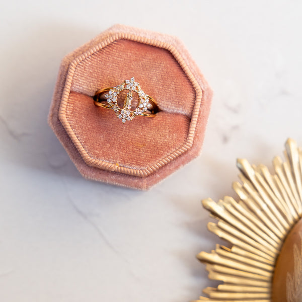 Marian Crown gold ring with amber gem and diamonds in pink velvet box