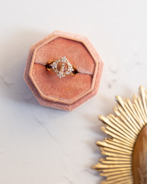 Marian Crown gold ring with amber gem and diamonds in pink velvet box