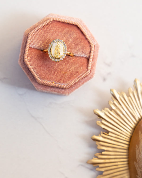 Ave Halo Ring: gold-toned oval Virgin of Guadalupe medallion with halo stones