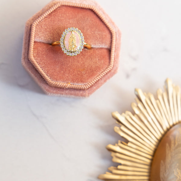 Ave Halo Ring: gold oval pink opal with diamond halo in rose velvet box