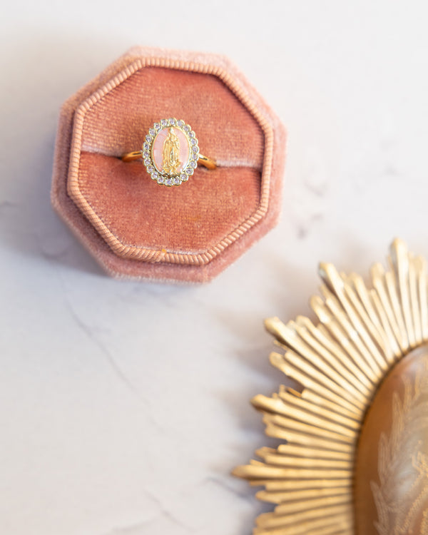 Ave Halo Ring: gold oval pink opal with diamond halo in rose velvet box