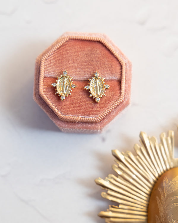 Queen of Heaven gold earrings with Virgin Mary and crystals in pink box