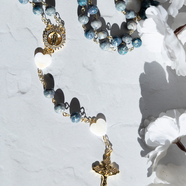 Oceans Where My Feet May Fall blue white rosary with gold accents