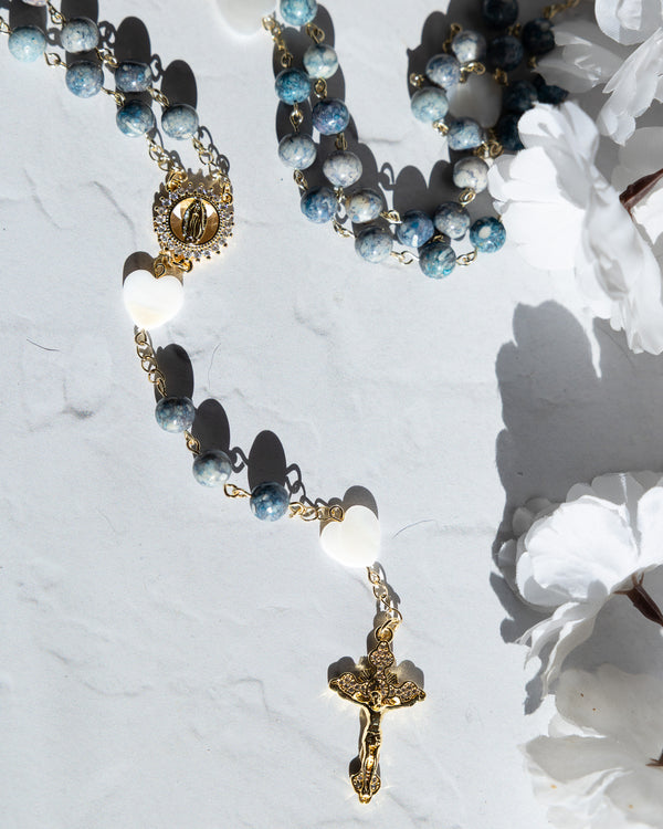 Oceans Where My Feet May Fall blue white rosary with gold accents