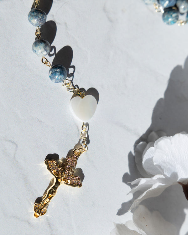 Oceans Where My Feet May Fall rosary with blue white beads and rhinestone crucifix