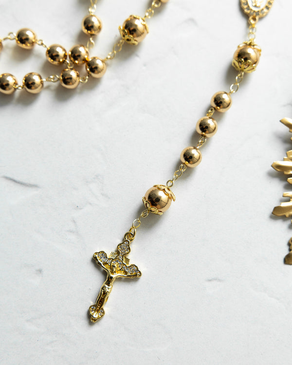 14K gold hematite Catholic rosary with spherical beads and crucifix pendant