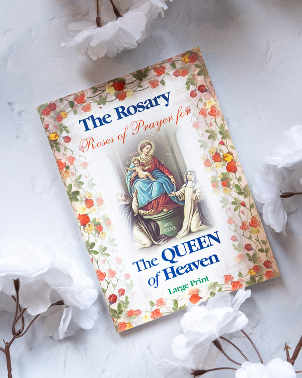 Floral paperback ’Roses of Prayer Rosary Book’ with Virgin Mary illustration