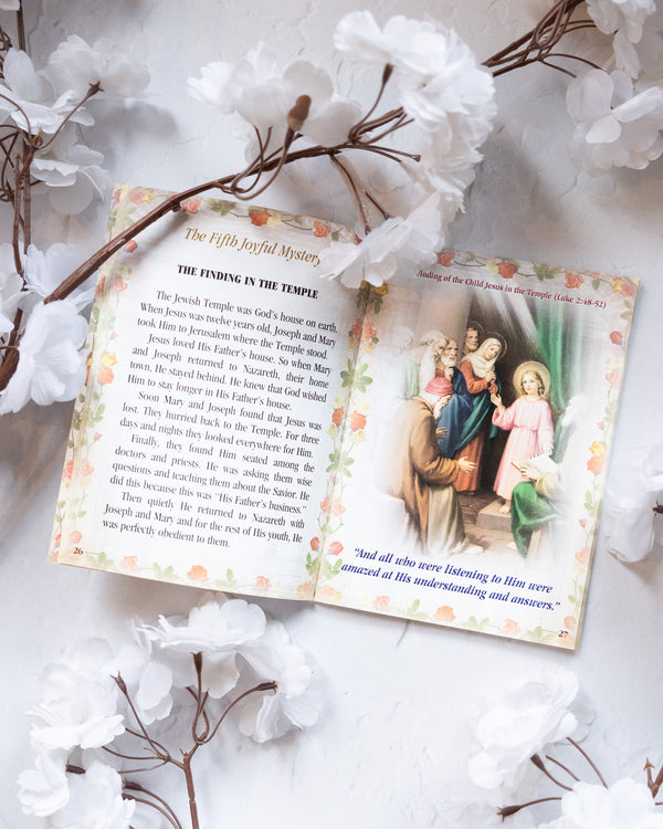 Roses of Prayer Rosary Book with floral-edged Finding in the Temple scene