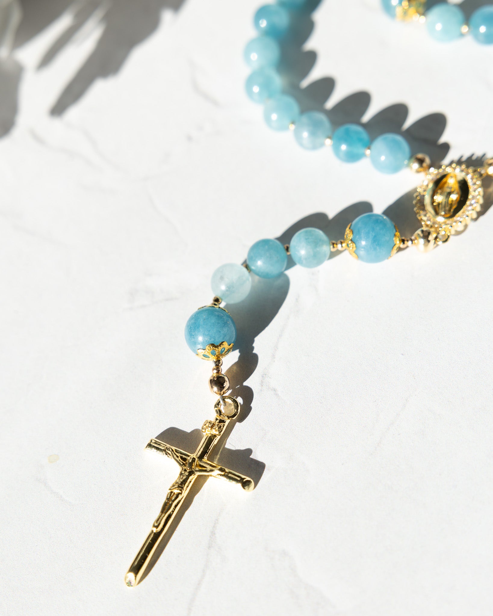 Delicate blue aventurine Queen of Heaven Rosary with gold accents