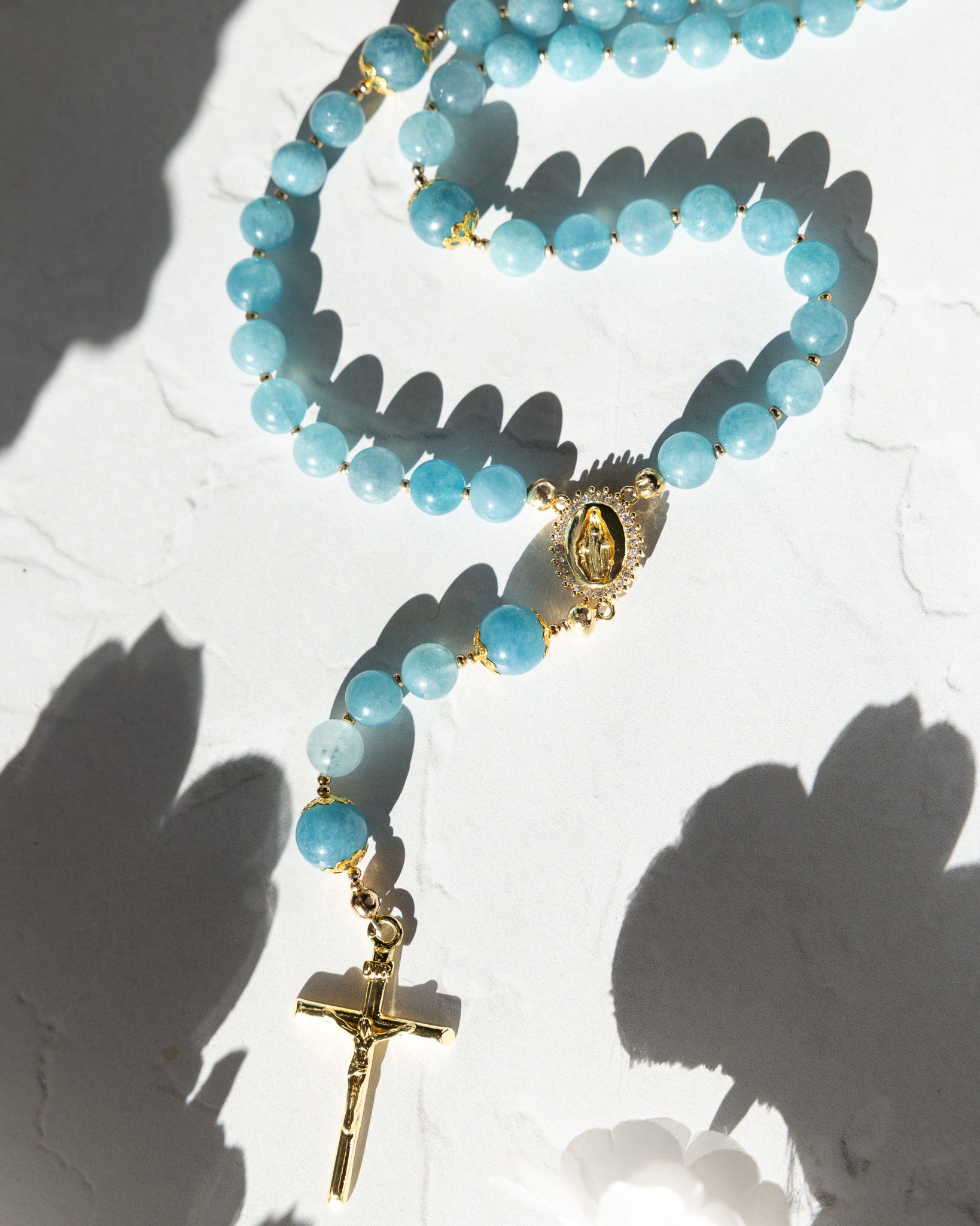 Queen of Heaven Rosary: light blue jade with gold accents and crucifix