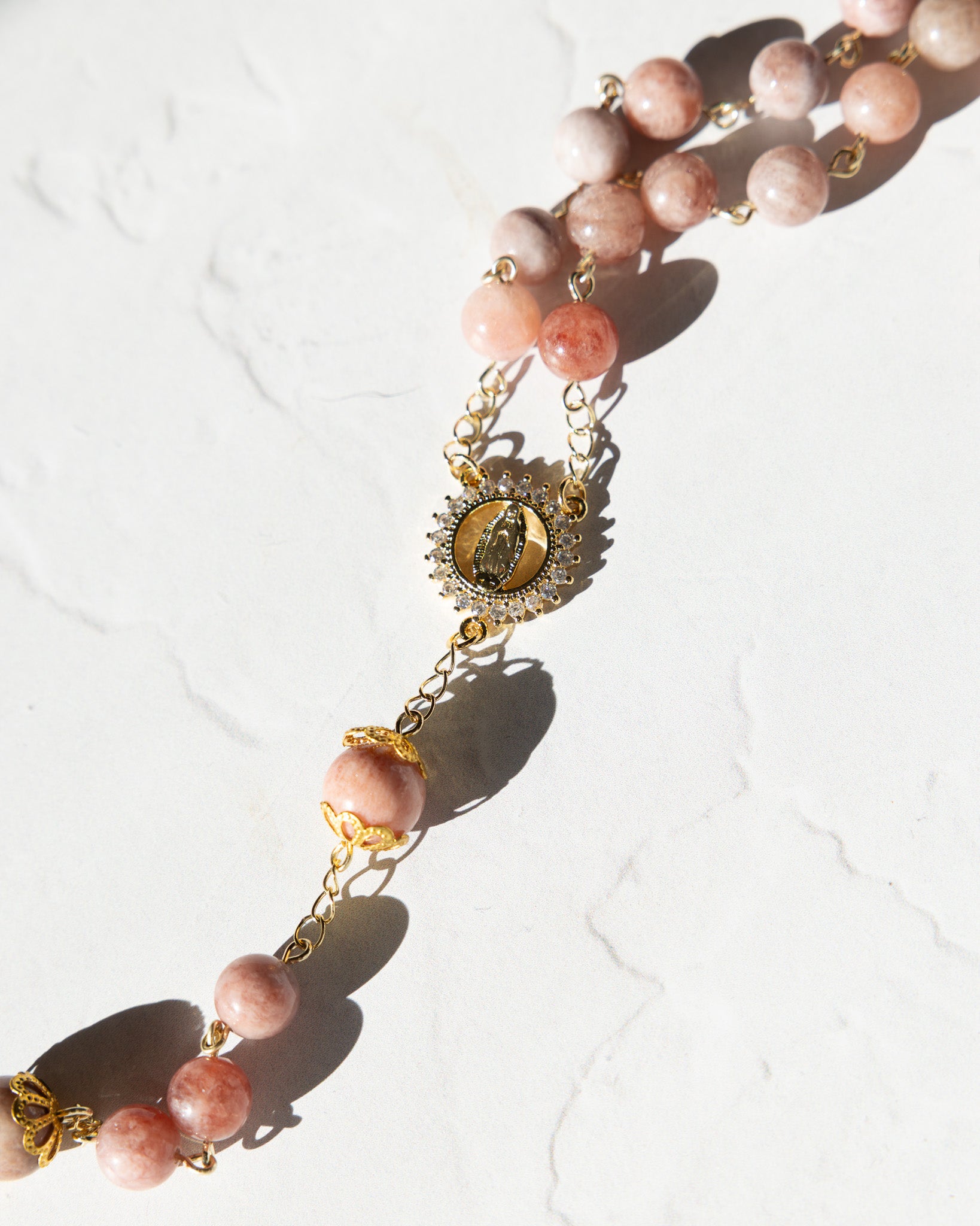Mater Amoris Rosary with pink gemstone beads and Guadalupe medallion