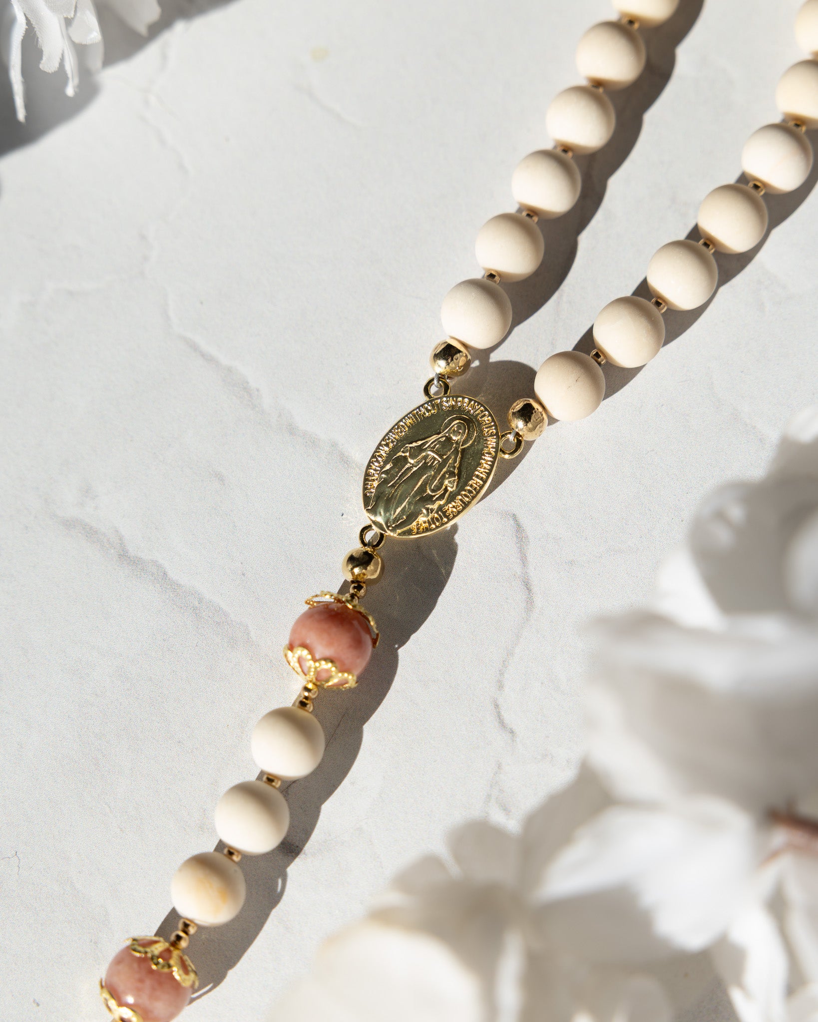 Soft Glory Rosary with cream wooden beads, gold Our Lady medal, pink coral accents