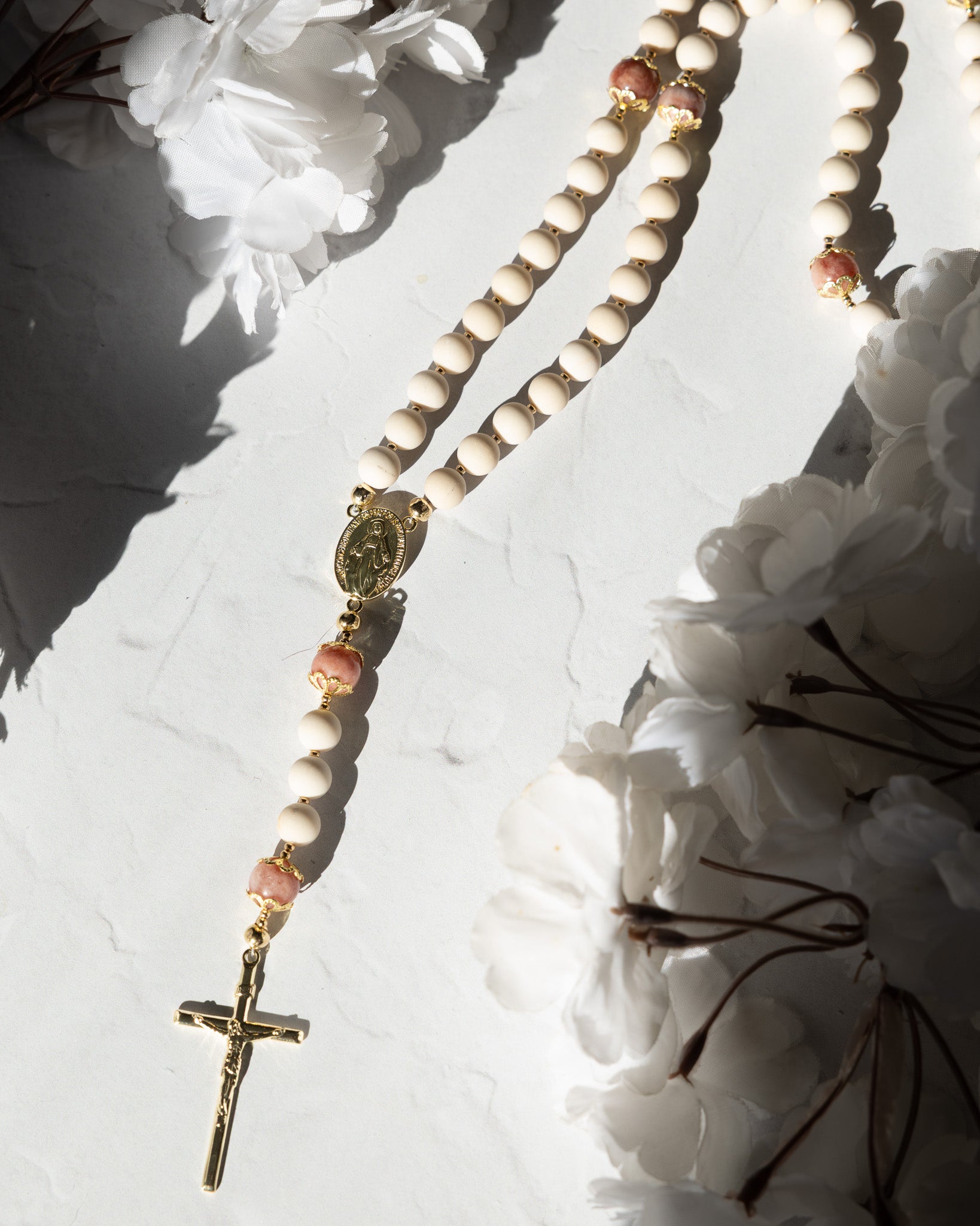 Soft Glory Rosary: white beaded with gold accents, red bead, ornate medallion, cross