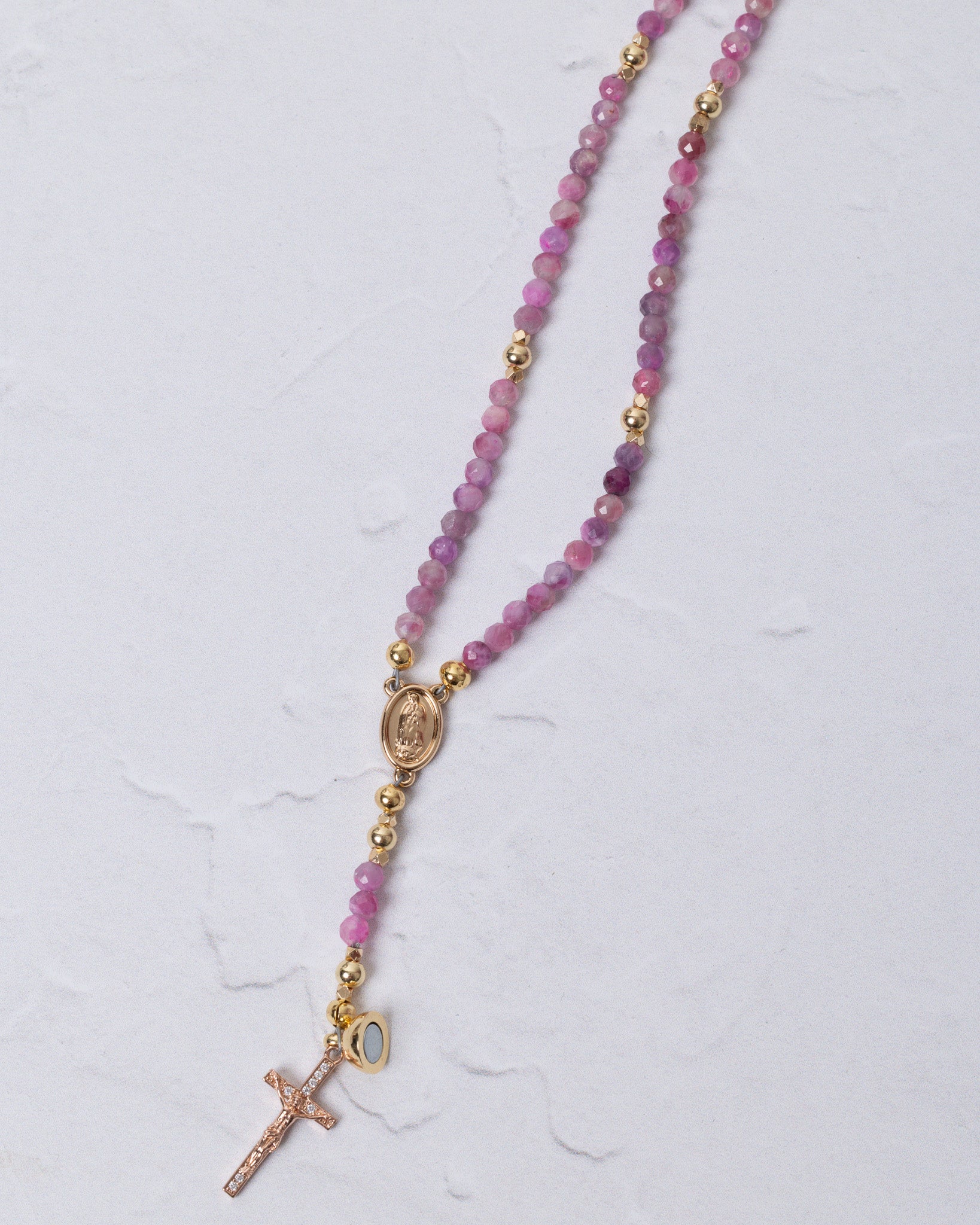 Delicate pink tourmaline Rosa Mystica magnetic rosary necklace with gold beads and cross