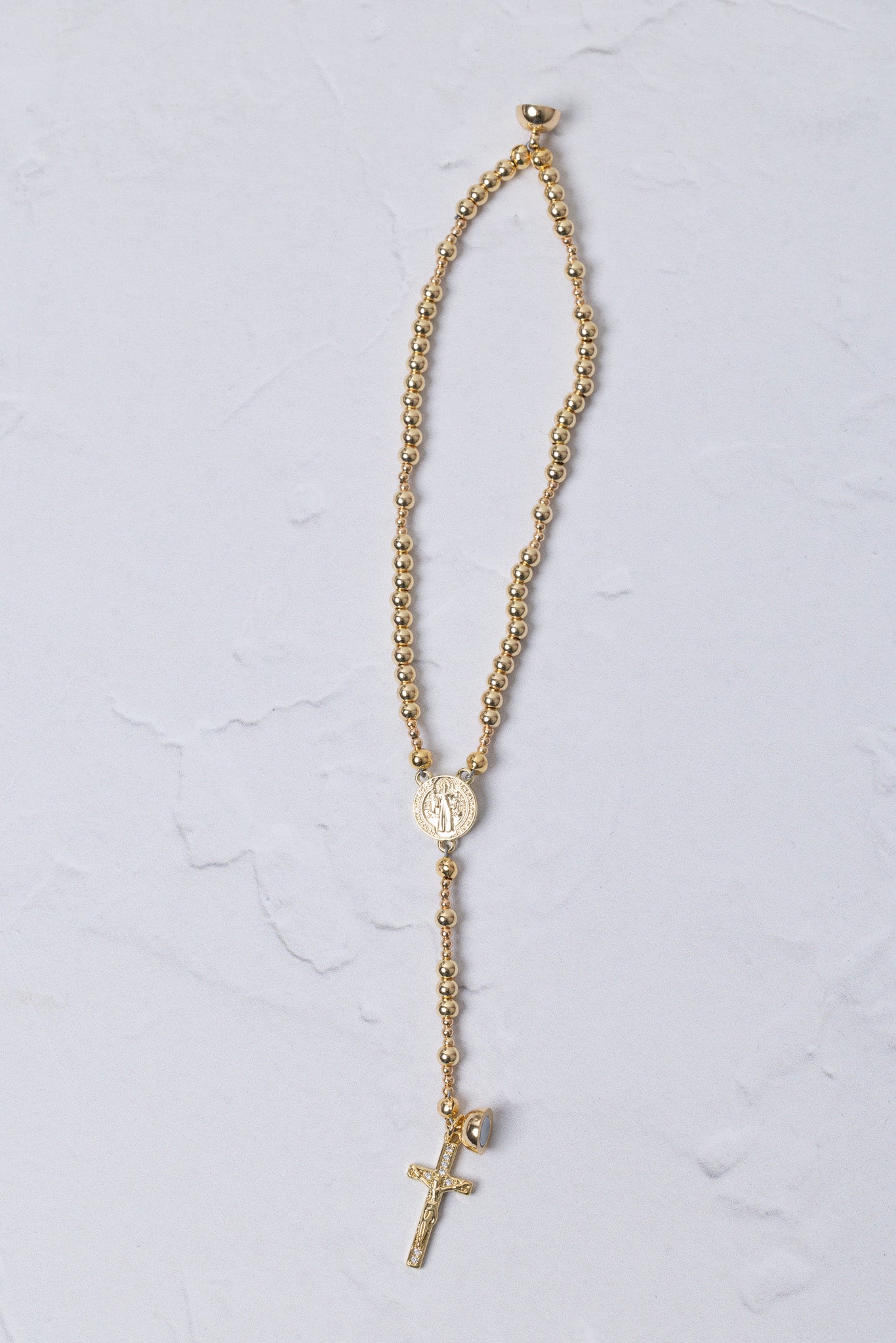 14K gold magnetic rosary bracelet with beaded chain, medallion, and crucifix