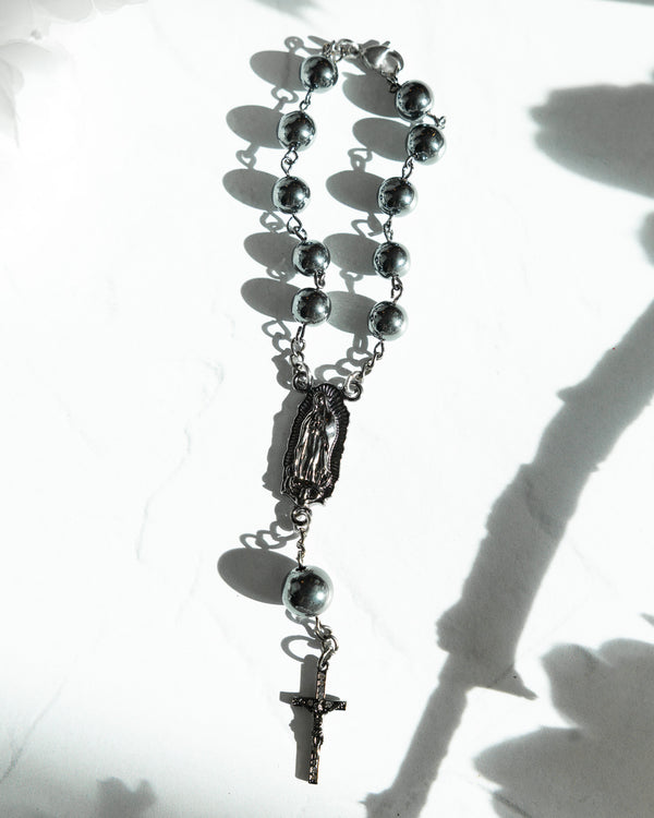 Silver-toned Armor of God car rosary with spherical beads and crucifix